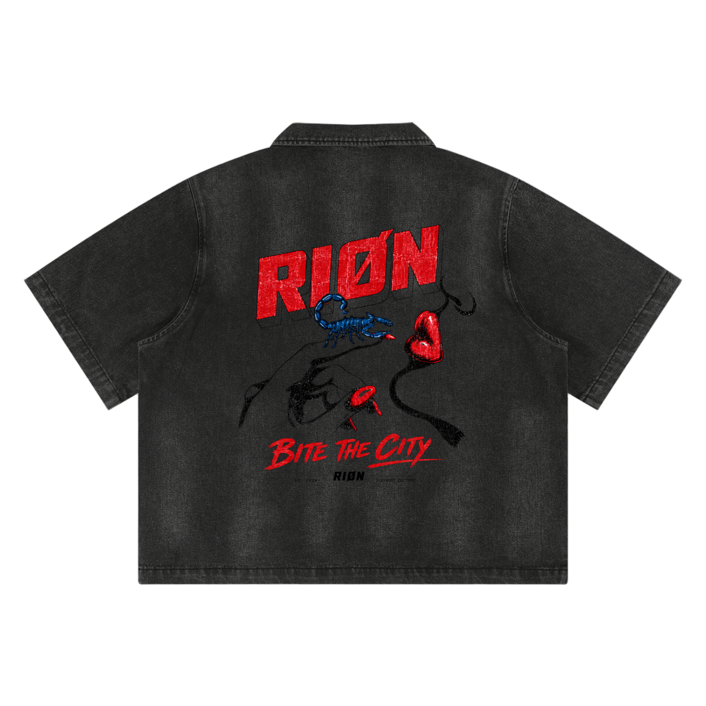 RIØN Bite The City — Vintage Washed Full-Zip Denim Shirt — immagine prodotto su sfondo trasparente