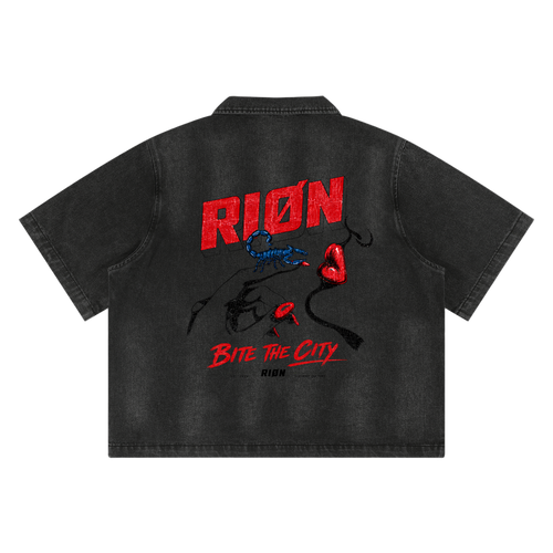 RIØN Bite The City — Vintage Washed Full-Zip Denim Shirt — immagine prodotto su sfondo trasparente