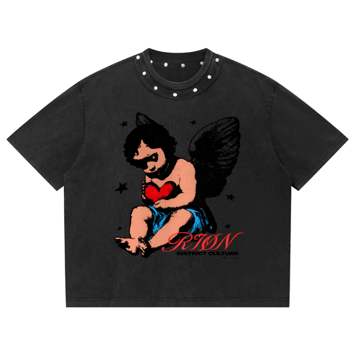RIØN Cherub Heart — Washed Boxy Studded T-Shirt