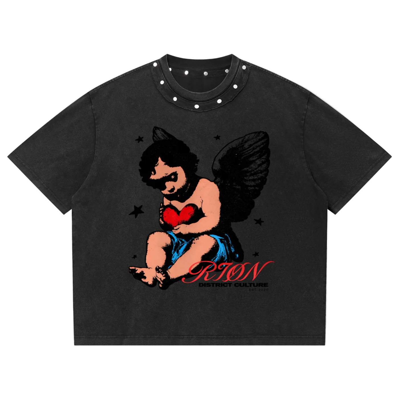 RIØN Cherub Heart — Washed Boxy Studded T-Shirt
